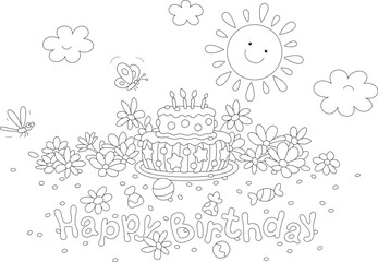 Happy birthday card with a smiling Sun, a merry butterfly and a funny dragonfly flying around a fancy cake and pretty flowers, black and white outline vector cartoon illustration for a coloring book