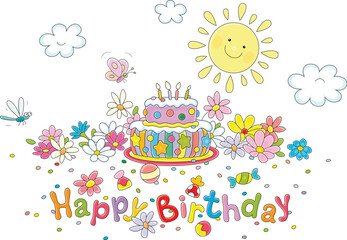 Naklejka premium Happy birthday card with a smiling Sun, a merry butterfly and a funny dragonfly flying around a fancy cake and pretty colorful flowers, vector cartoon illustration on a white background