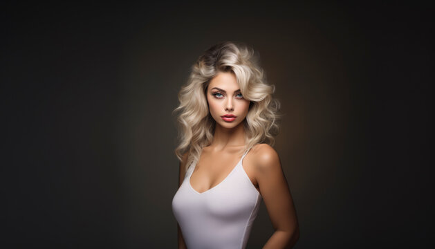 Bimbo girl with heavy makeup posing as a female model with a sexy look and beautiful hair