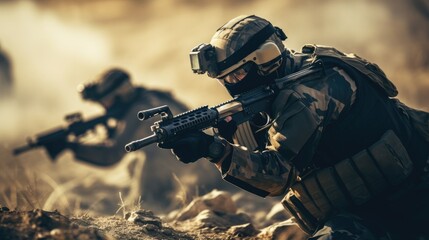 Army Soldiers Fighting With Guns And defending their - obrazy, fototapety, plakaty