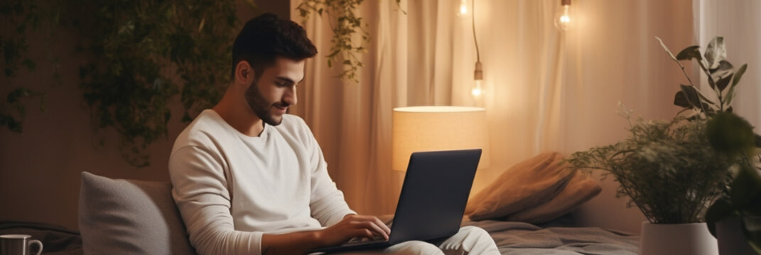 Handsome young male sitting smiling behind laptop finishing business work and scrolling internet, background banner or header