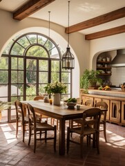 Traditional spanish interior design of cute kitchen with arched windows and door, wooden dining table and chairs