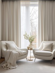 Fototapeta premium White armchairs and fabric sofa against of cute window with beige curtains. Interior design of modern living room