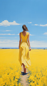 painting style illustration of beautiful woman walking in yellow flower field, Generative Ai
