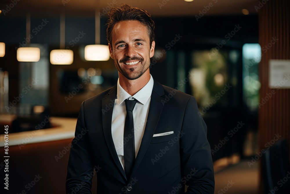 Wall mural Portrait of a smiling businessman in suit looking at camera in office