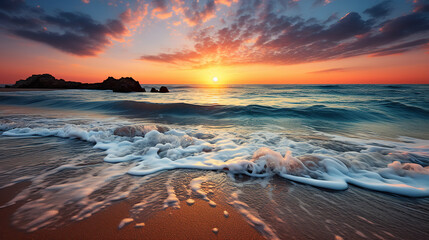 Fototapeta premium Sunrise Symphony. Beautiful sunrise over the sea. Generative AI