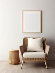 Wicker lounge chair near beige wall. Interior design of cute modern living room with empty blank mock up poster frame