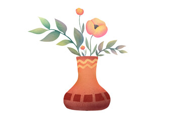 bouquet of roses and green twigs stands in traditional handmade clay vase. watercolor hand drawn illustration isolated on background. clipart and cutout