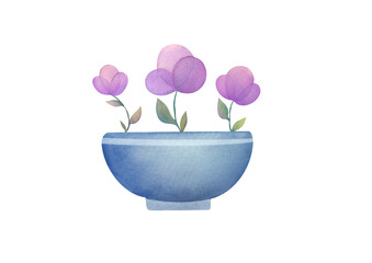 purple flowers in ceramic pot. watercolor hand drawn illustration isolated on transparent background. One single object, front view. cut out clip art design element. Home cultivation of plants