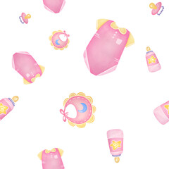 cutout Baby items seamless pattern in watercolor style isolated on transparent background. clipart Newborn accessory collection. pink baby girl set of pajamas, pacifier, vests, overalls, clothes, bib