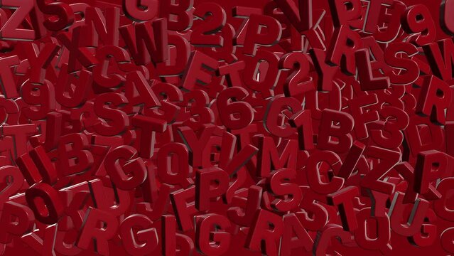 3D animated red alphabet capital letters and numbers appearing on screen. Moving image background, copy space. Horizontal illustration design image. "Back to School" concept.