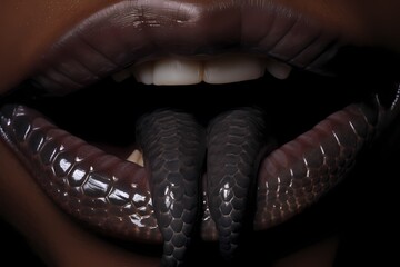 Close-up of a black woman's lips with snake skin.