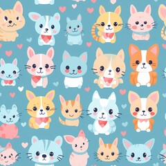 Seamless pattern with cute cartoon cats and dogs