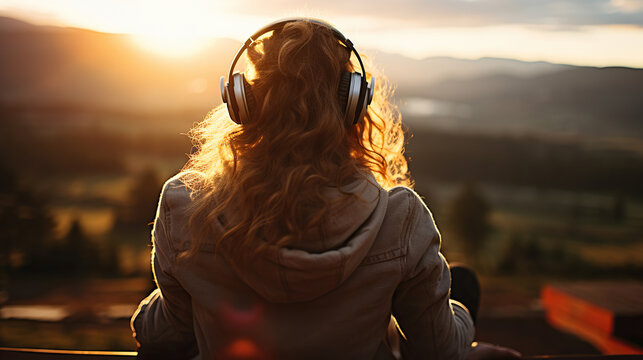 Melodies in the Sunset, Girl Embracing Music with Headphones. Generative AI