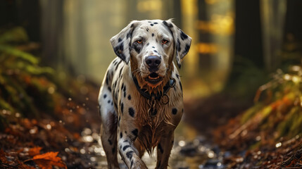 Forest Frolic. Energetic Dalmatian Running Through a Sun-Kissed Trail Surrounded by Forest. Generative AI