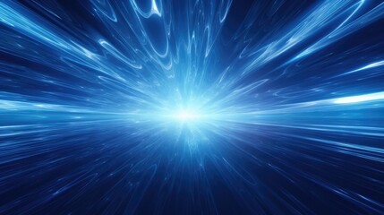 A 3D render of a hyperspace tunnel, filled with water and glowing blue light, spirals into infinity. Cosmic rays, vortex patterns, and nebula elements create a dark, fantastical universe