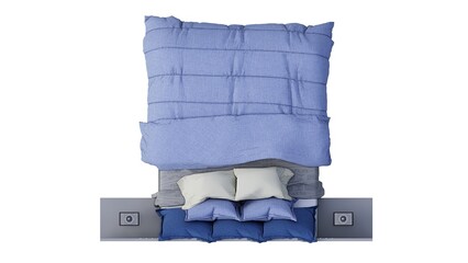 top view double bed with pillows, light blue color and white background