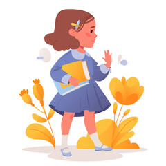Flat cartoon cute vector illustration with little girl holding books in her hand. Preschooler, junior high school student going to school. Child in modern fashionable clothes.