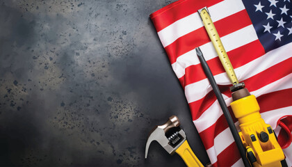 Happy Labor day concept. American flag with different construction tools on dark stone background, with copy space for text Vector Illustration