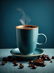 A cup of black espresso on blue background, cup of coffee, cup of coffee and coffee beans, cup of...
