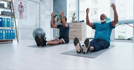 Breathing, yoga or black people for meditation, wellness or fitness exercise to relax together. Balance, calm African men, mudra or healthy senior coach training in pilates for mindfulness or peace - Powered by Adobe