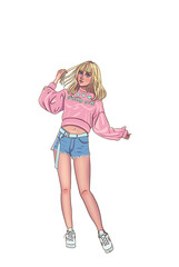 Blonde girl in pink shirt and jean shorts.