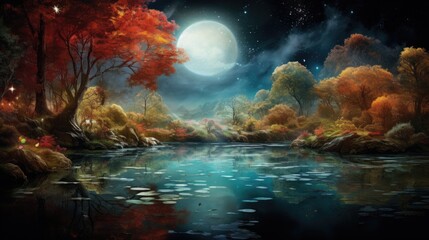 Fototapeta na wymiar Mystical Moonlight: A Surreal Autumn Oasis, Reflecting Vibrant Hues in a Crystal Clear Pond