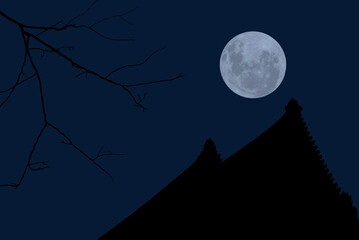 Full moon on sky over roof and tree branch silhouette in the night.