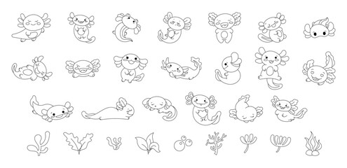 Axolotl cute kawaii character. Underwater plants and algae. Coloring Page. Vector illustration. Collection design elements.