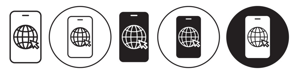 Browser Icon. Internet website access while international data roaming on smartphone symbol. Vector set of Mobile with online connectivity of cellular net to browse or surf site while travel worldwide