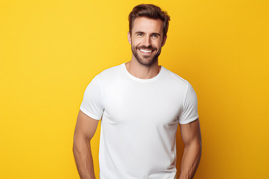 Portrait of a happy young male with a positive smile, and white teeth, looking happily at the camera, white t shirt mockup, blank white t-shirt mockup