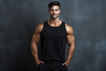 Portrait of a young gym male wearing a black top tank for mockup, Black top tank mockup, smiling looking straight in camera smiling, top tank mockup