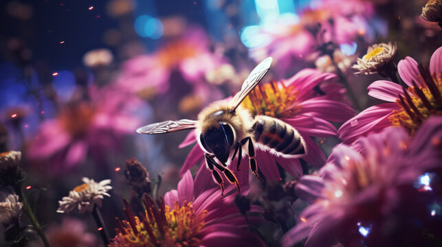 bee flying over a colorful flower garden - Macro of a bee in a garden - Macro of a colorful garden with bee 