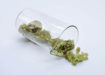 Iron II sulfate or sulphate, ferrous sulfate. Also copperas and green vitriol.