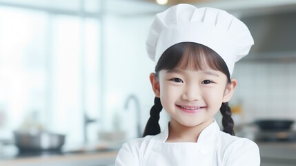 Happy funny little girl chef wearing chef hat and uniform preparing food isolated on blurred kitchen background with copy space