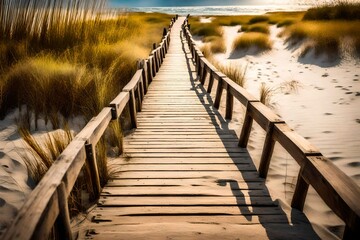 Fototapeta premium a wooden boardwalk stretching across the sand, leading towards the water's edge
