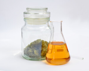 Iron II sulfate or sulphate, ferrous sulfate. Also copperas and green vitriol. Salt and solution.