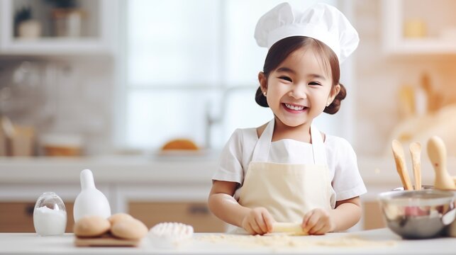 Happy Funny Asian Little Girl Chef Wearing Chef Hat And Uniform Preparing Food Isolated On Blurred Kitchen Background With Copy Space