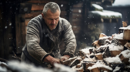 Man chopping wood in the snow - Man working in the snow - Man in the cold