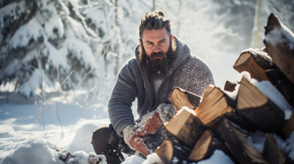 Fototapeta premium Man chopping wood in the snow - Man working in the snow - Man in the cold