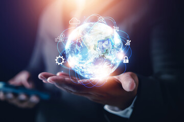 Businessmen present the business world of the metaverse graphic futuristic future in the form of innovative digital business processing technology, innovation of the 21 th century.Image from space fur