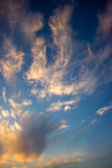 Fototapeta premium Sky with clouds at sunset. Vertical photo.