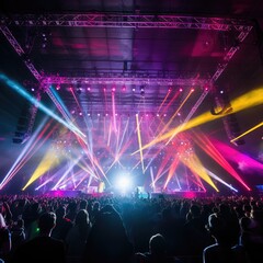 A stage is lit up with colored spotlights for live concert