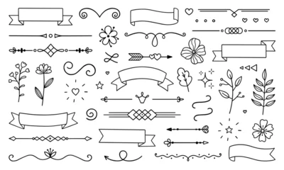Abwaschbare Fototapete Boho-Stil Text dividers doodle set. Boho arrows. Wedding decorative elements with leaves, swirls, hearts. Divider ornament, borders, lines. Hand drawn vector illustration isolated on white background