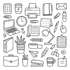 Office supplies doodle set. Office stuff: laptop, printer, lamp, calculator, phone, calendar in sketch style. Hand drawn vector illustration isolated on white background