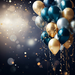 Holiday Festive Blue, Metallic Silver, and Glistening Golden Balloons and Sparkling Ribbon Confetti Background. Created using generative AI