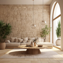 Interior design of Mediterranean living room with glass lights and sandstone wall. Created using generative AI