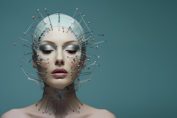 Female face with metal spikes on her face. Cosmetic procedures