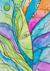 abstract children's drawing in watercolor on paper