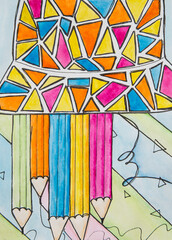abstract children's drawing in watercolor on paper